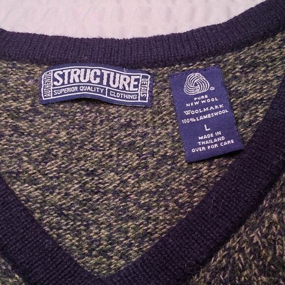STRUCTURE Sweater Vest Men L vneck 90s y2k 100% Wool Dadcore Grandpa teacher - Picture 2 of 5